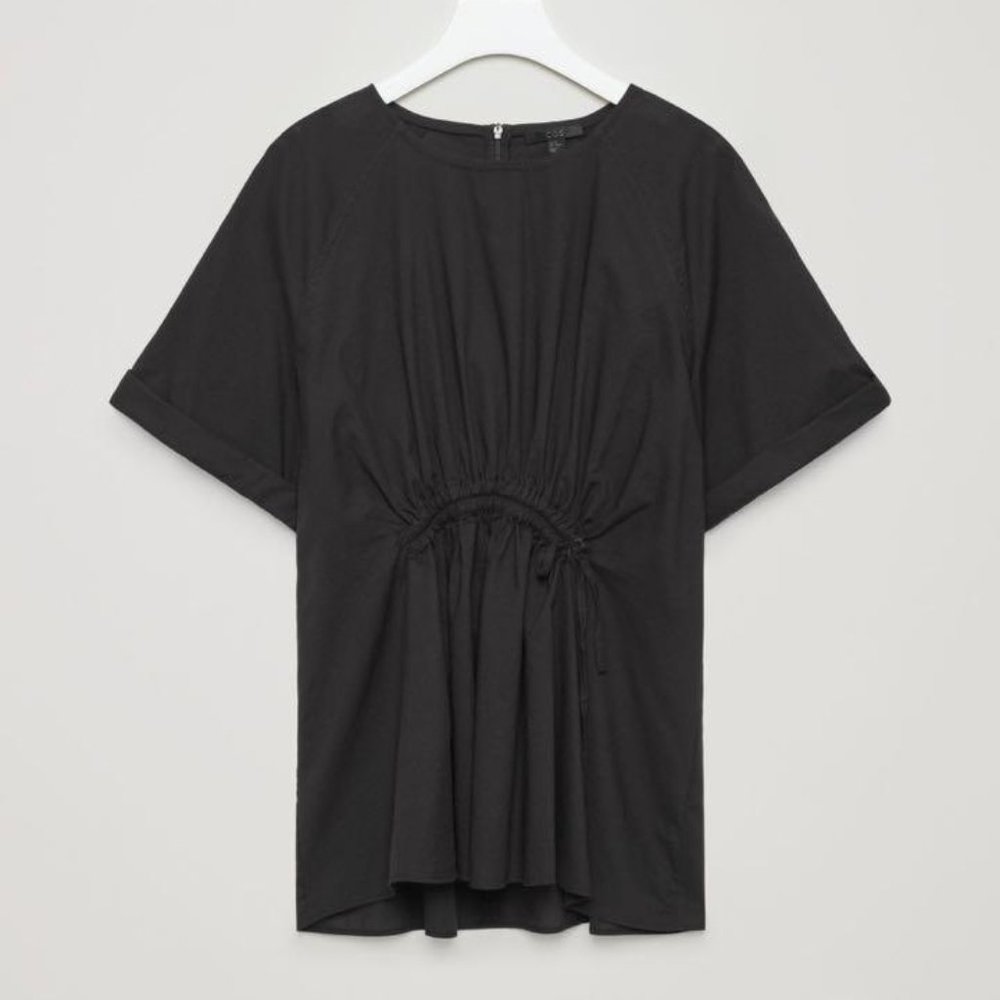 COS Front Gathered Black Smock Top